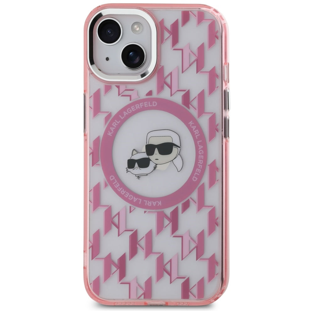 Puzdro MagSafe pre Apple iPhone 15, Karl Lagerfeld, IML Monogram Karl & Choupette's Heads, Ružová