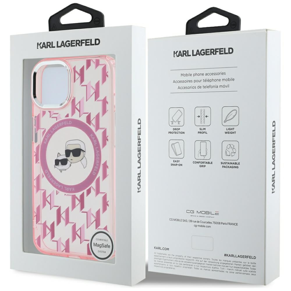 Puzdro MagSafe pre Apple iPhone 15, Karl Lagerfeld, IML Monogram Karl & Choupette's Heads, Ružová
