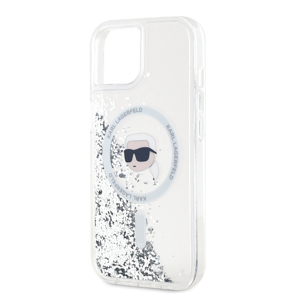 Puzdro MagSafe pre Apple iPhone 15, Karl Lagerfeld, Liquid Glitter Karl's Head, Transparentné