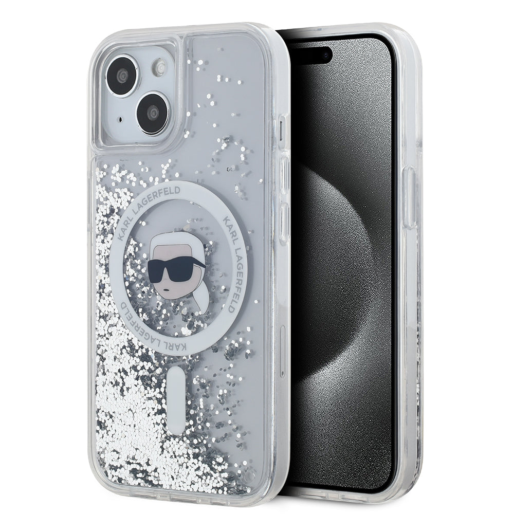 Puzdro MagSafe pre Apple iPhone 15, Karl Lagerfeld, Liquid Glitter Karl's Head, Transparentné