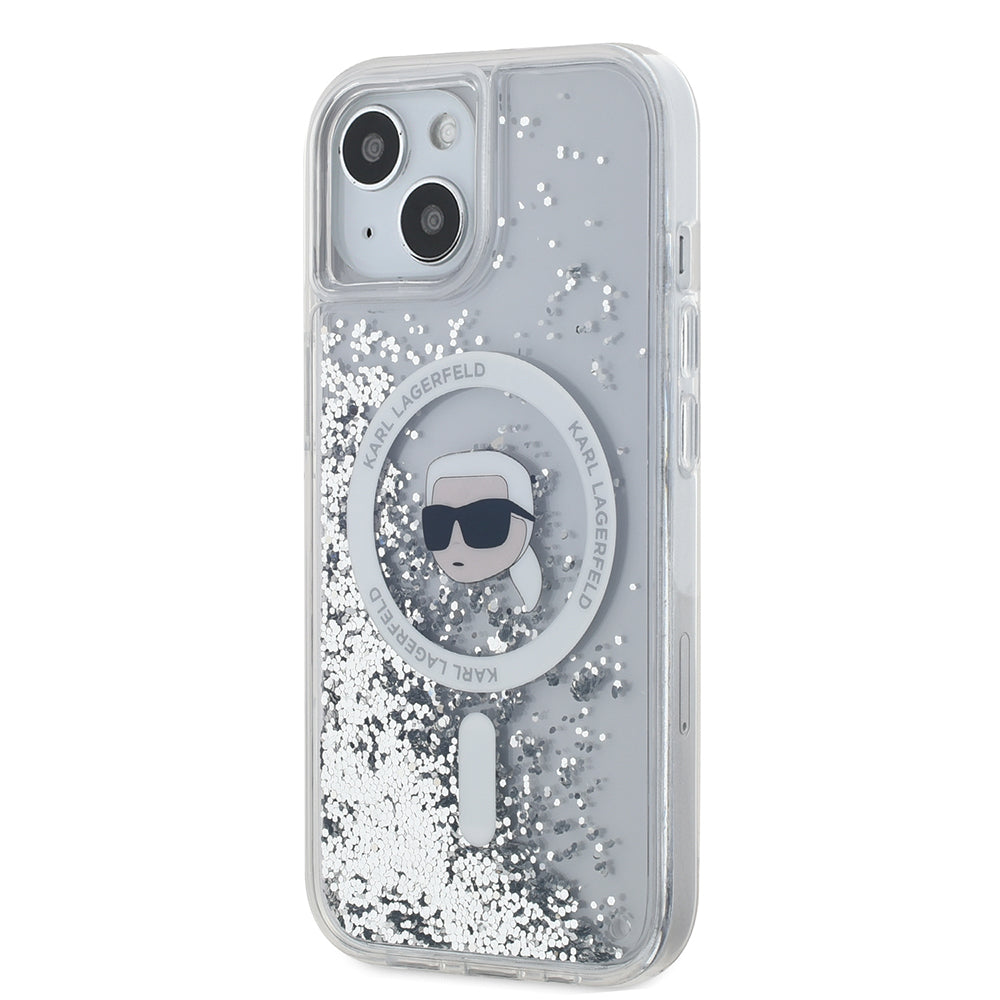 Puzdro MagSafe pre Apple iPhone 15, Karl Lagerfeld, Liquid Glitter Karl's Head, Transparentné