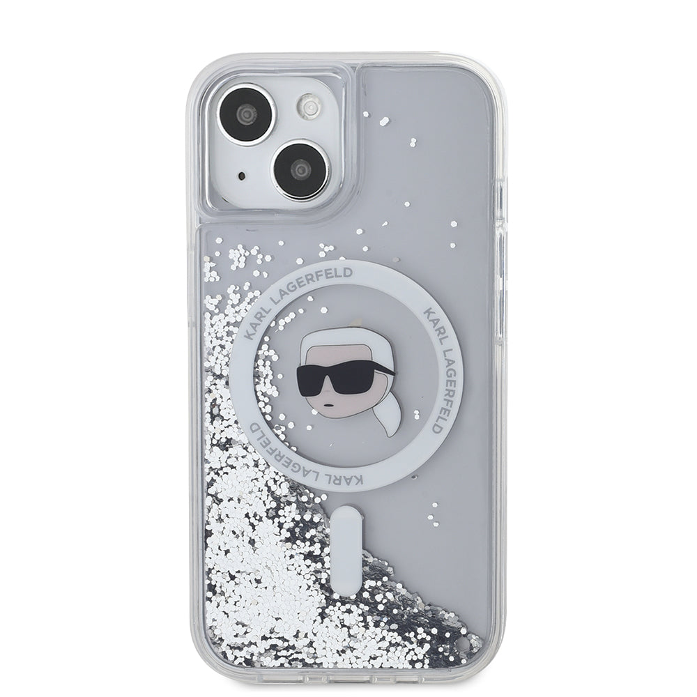 Puzdro MagSafe pre Apple iPhone 15, Karl Lagerfeld, Liquid Glitter Karl's Head, Transparentné