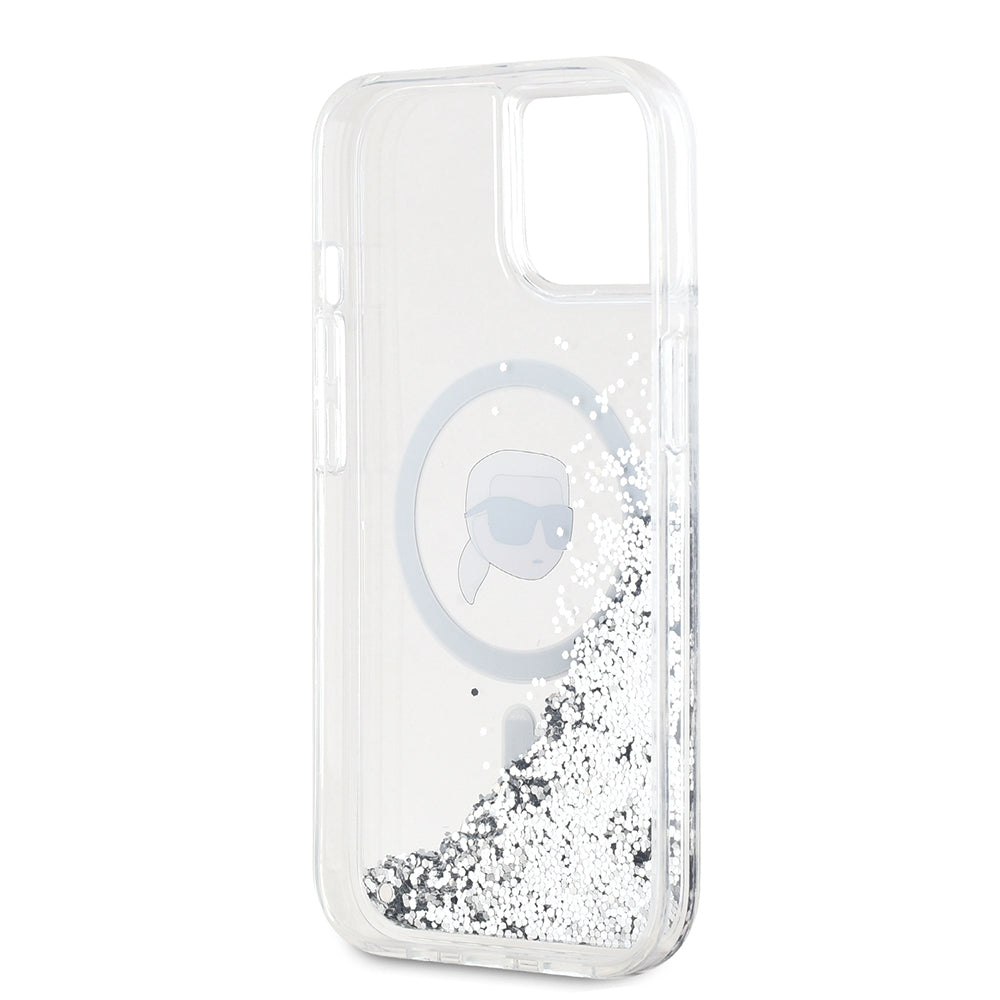 Puzdro MagSafe pre Apple iPhone 15, Karl Lagerfeld, Liquid Glitter Karl's Head, Transparentné