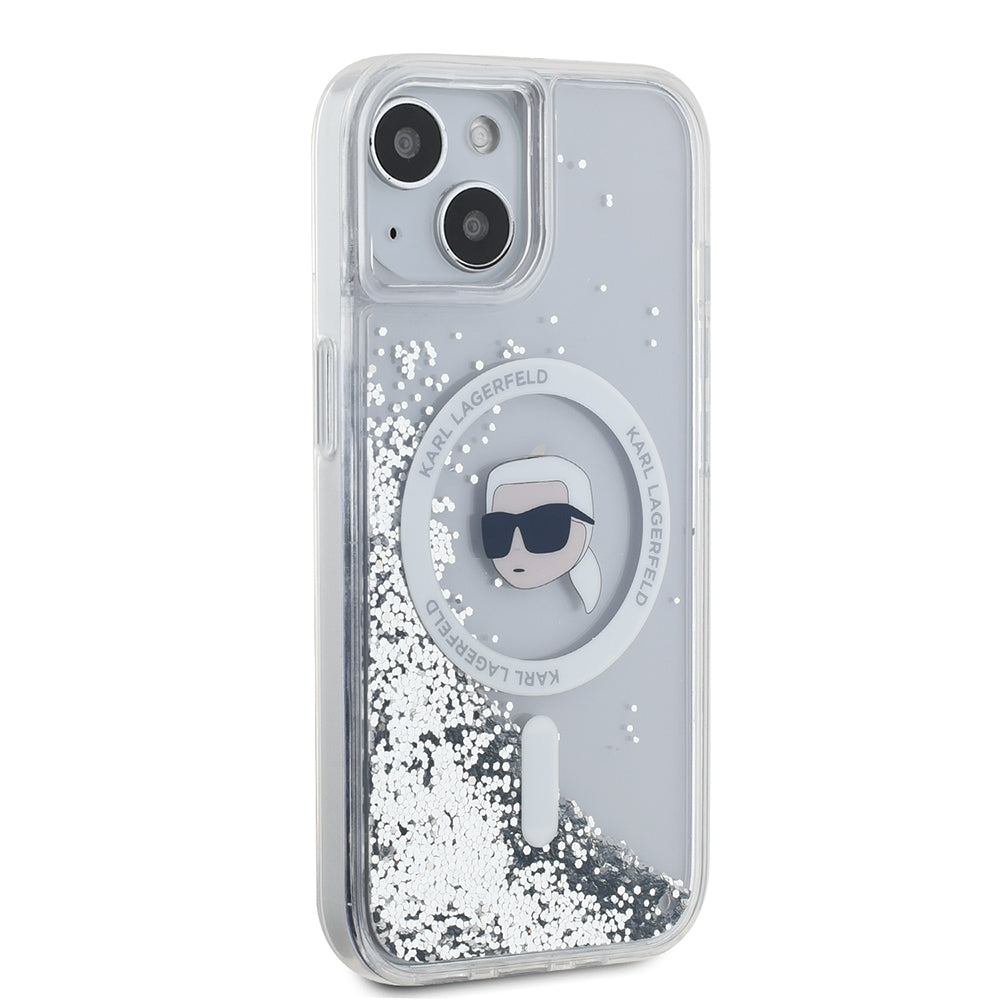 Puzdro MagSafe pre Apple iPhone 15, Karl Lagerfeld, Liquid Glitter Karl's Head, Transparentné