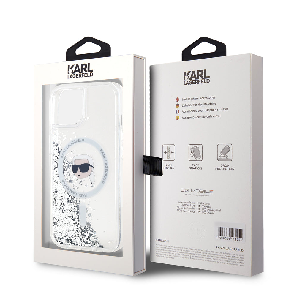 Puzdro MagSafe pre Apple iPhone 15, Karl Lagerfeld, Liquid Glitter Karl's Head, Transparentné