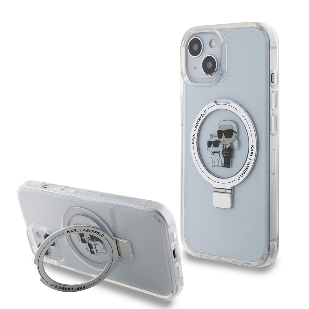 Puzdro MagSafe pre Apple iPhone 15, Karl Lagerfeld, Ring Stand Karl & Choupette, Biela