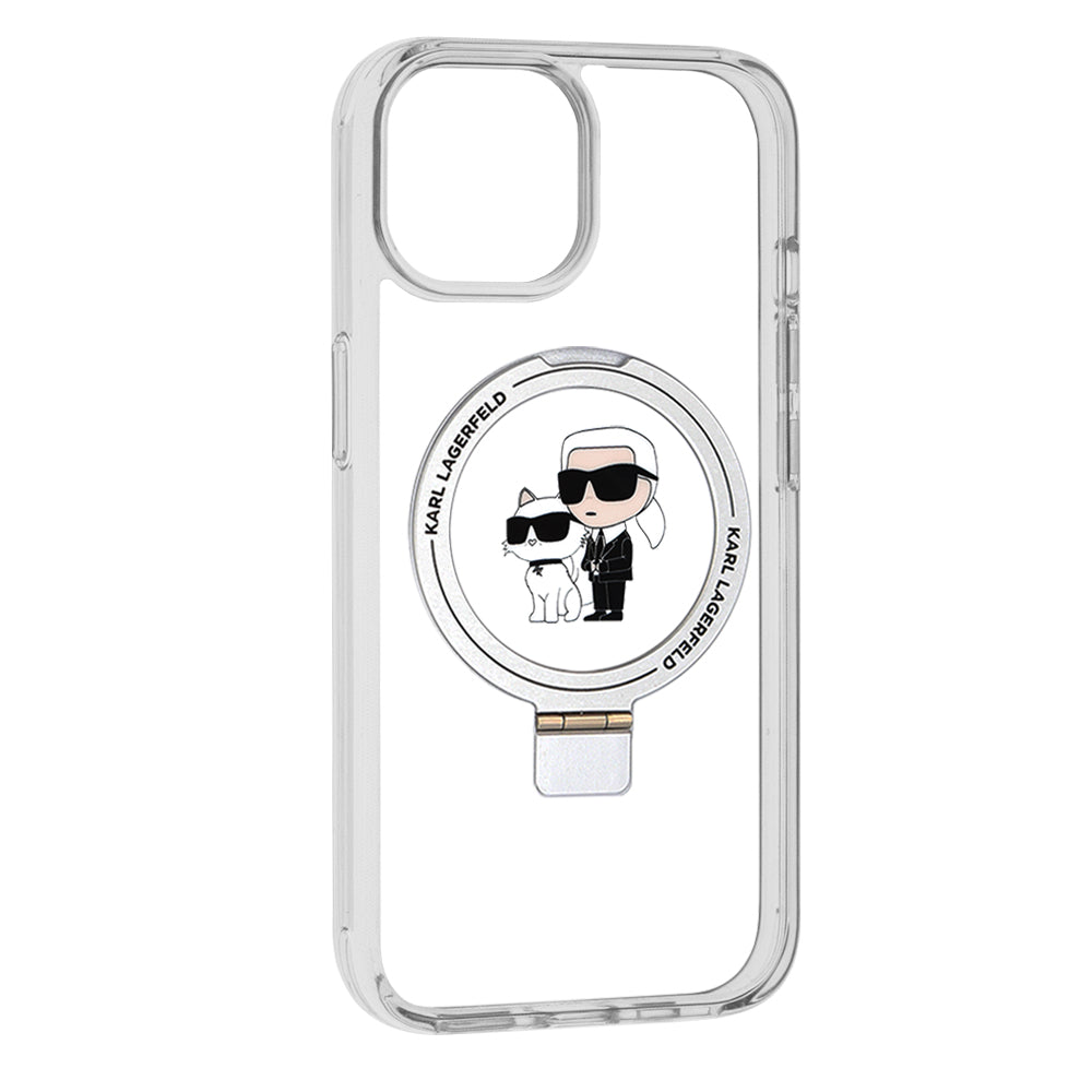 Puzdro MagSafe pre Apple iPhone 15, Karl Lagerfeld, Ring Stand Karl & Choupette, Biela