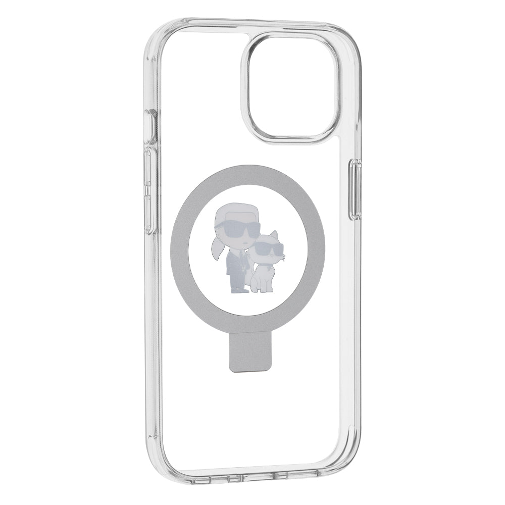 Puzdro MagSafe pre Apple iPhone 15, Karl Lagerfeld, Ring Stand Karl & Choupette, Biela