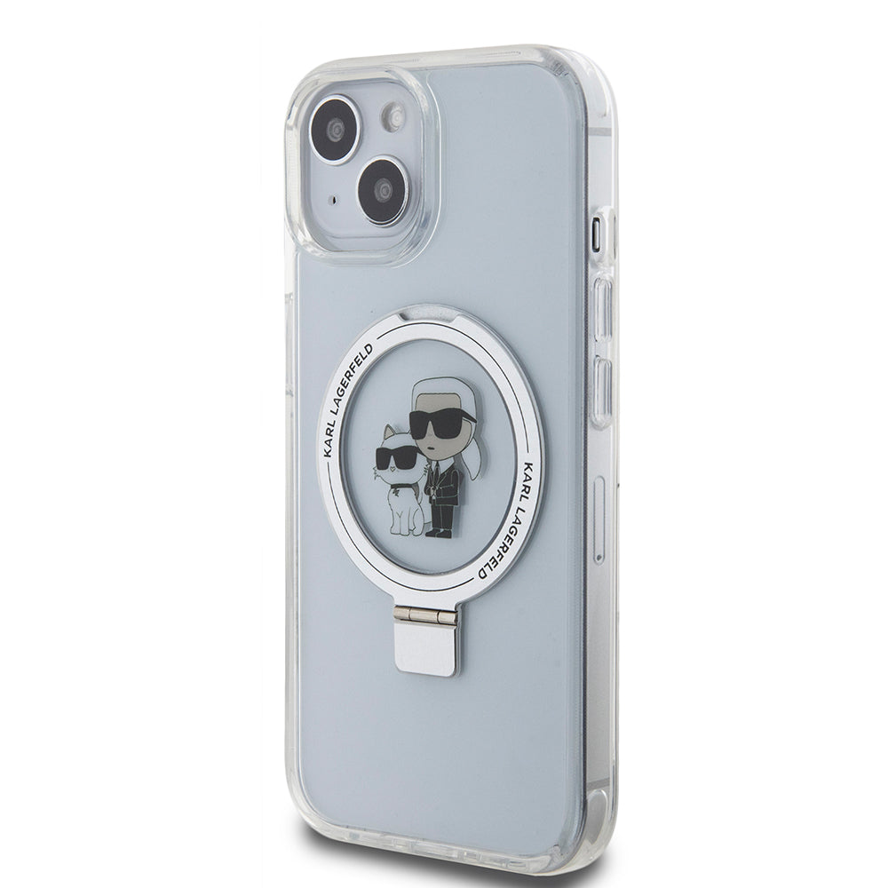 Puzdro MagSafe pre Apple iPhone 15, Karl Lagerfeld, Ring Stand Karl & Choupette, Biela
