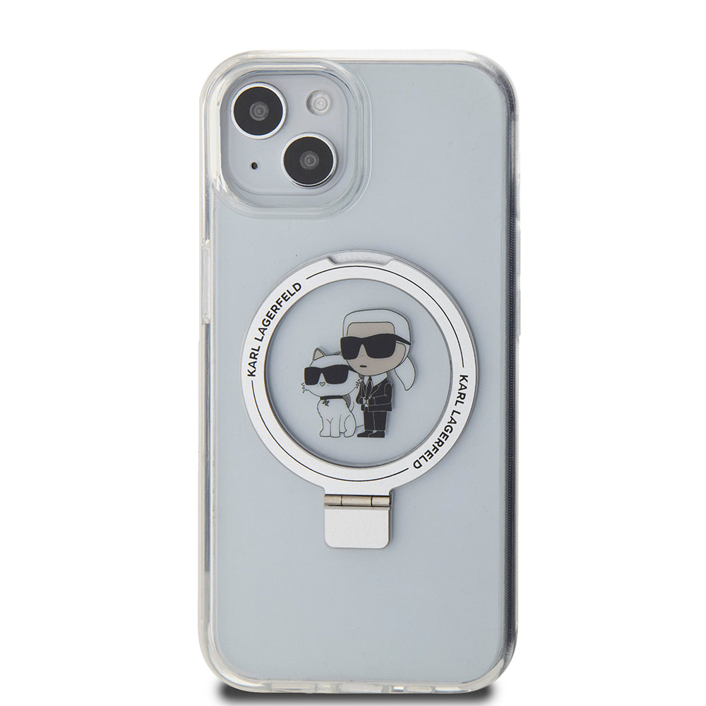 Puzdro MagSafe pre Apple iPhone 15, Karl Lagerfeld, Ring Stand Karl & Choupette, Biela