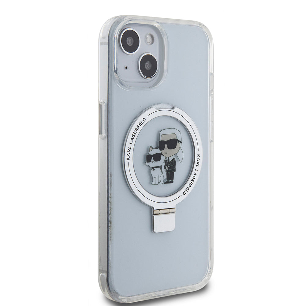 Puzdro MagSafe pre Apple iPhone 15, Karl Lagerfeld, Ring Stand Karl & Choupette, Biela