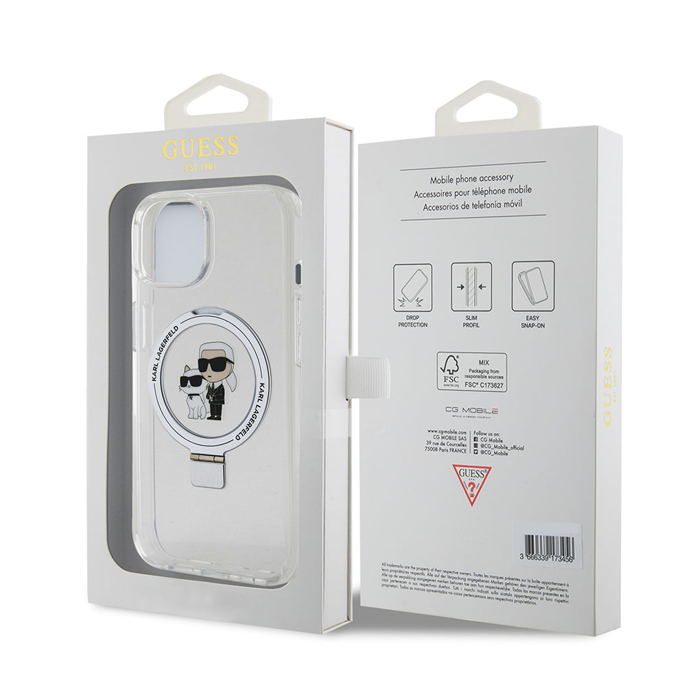Puzdro MagSafe pre Apple iPhone 15, Karl Lagerfeld, Ring Stand Karl & Choupette, Biela