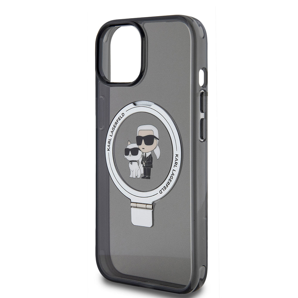 Puzdro MagSafe pre Apple iPhone 15, Karl Lagerfeld, Ring Stand Karl & Choupette, Čierne