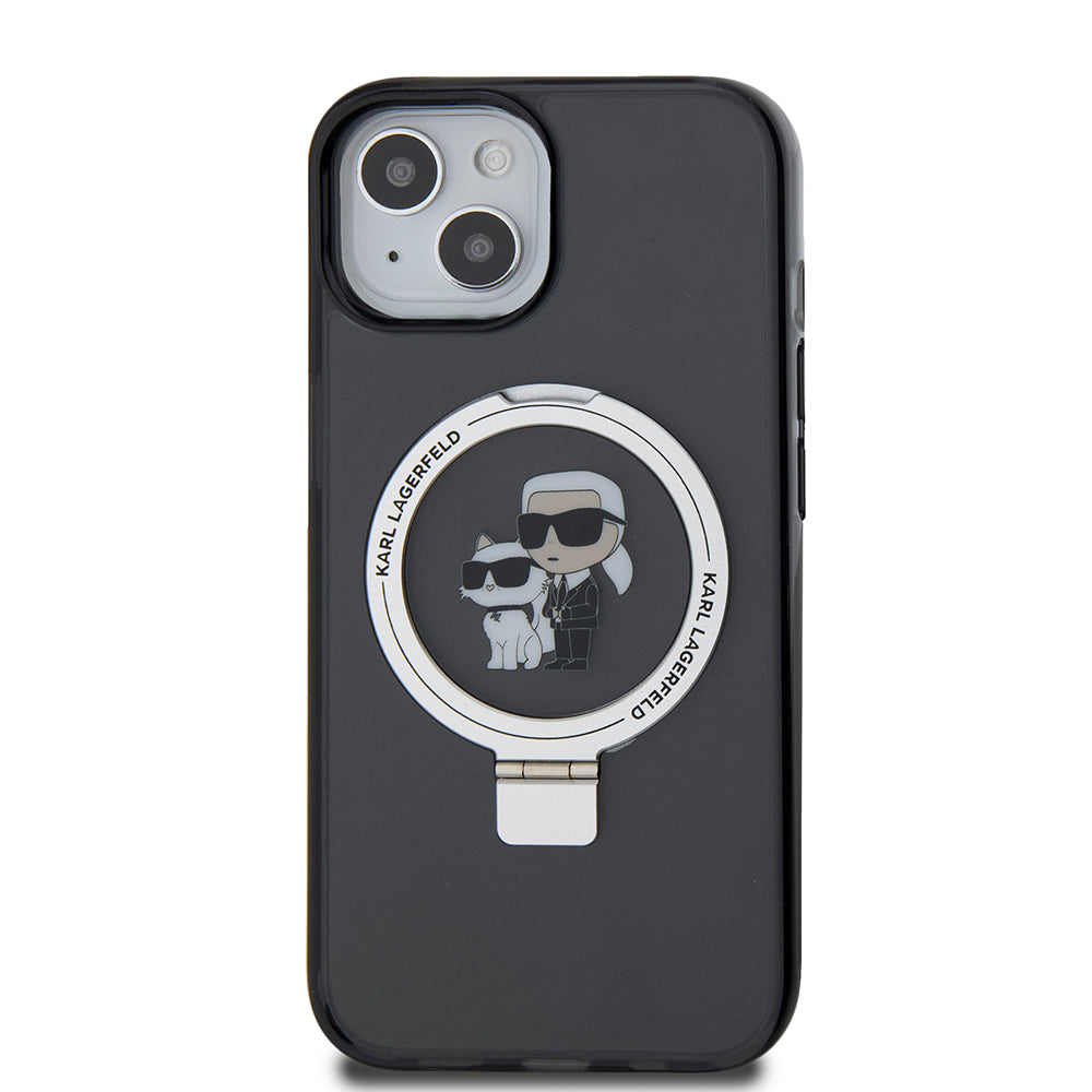 Puzdro MagSafe pre Apple iPhone 15, Karl Lagerfeld, Ring Stand Karl & Choupette, Čierne
