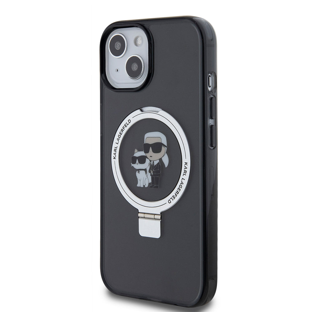 Puzdro MagSafe pre Apple iPhone 15, Karl Lagerfeld, Ring Stand Karl & Choupette, Čierne