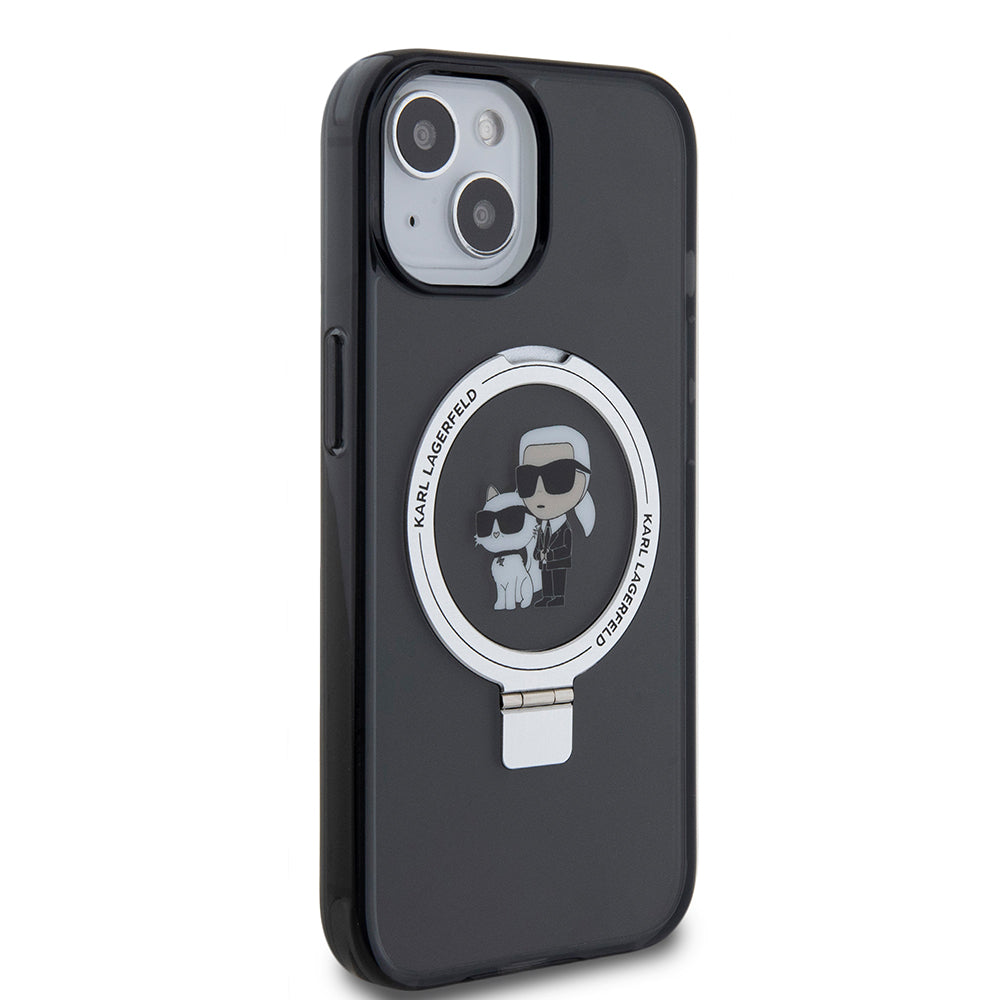 Puzdro MagSafe pre Apple iPhone 15, Karl Lagerfeld, Ring Stand Karl & Choupette, Čierne