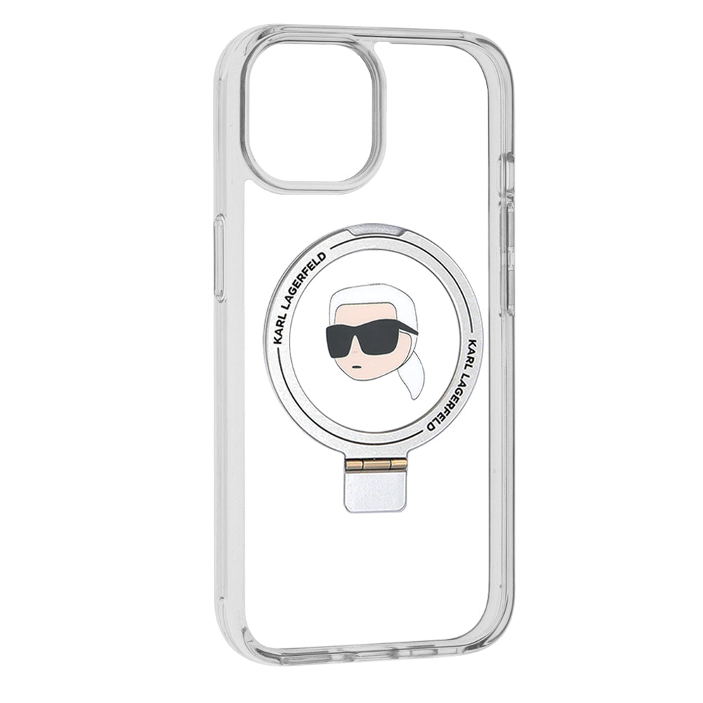 Puzdro MagSafe pre Apple iPhone 15, Karl Lagerfeld, Ring Stand Karl's Head, Biela