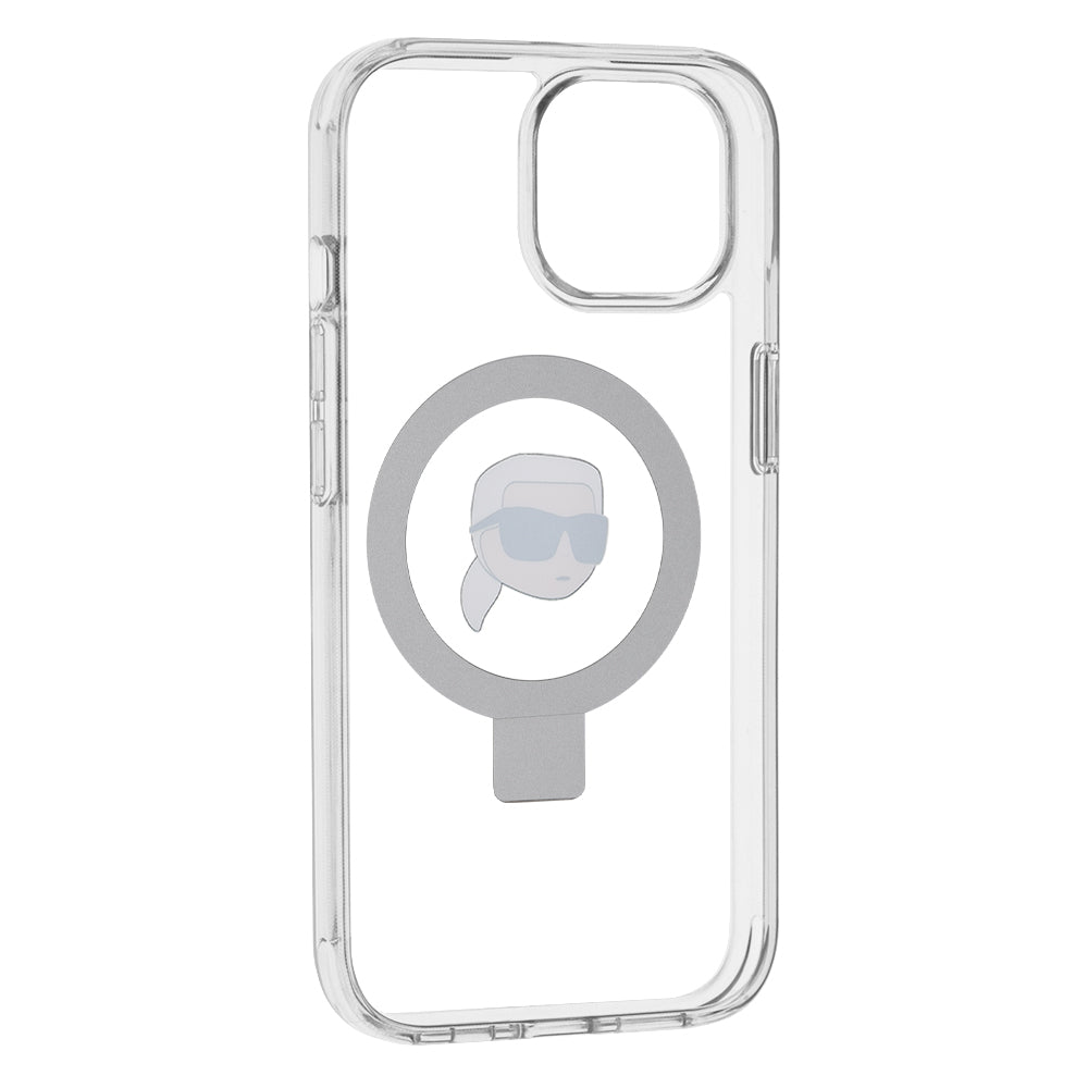 Puzdro MagSafe pre Apple iPhone 15, Karl Lagerfeld, Ring Stand Karl's Head, Biela