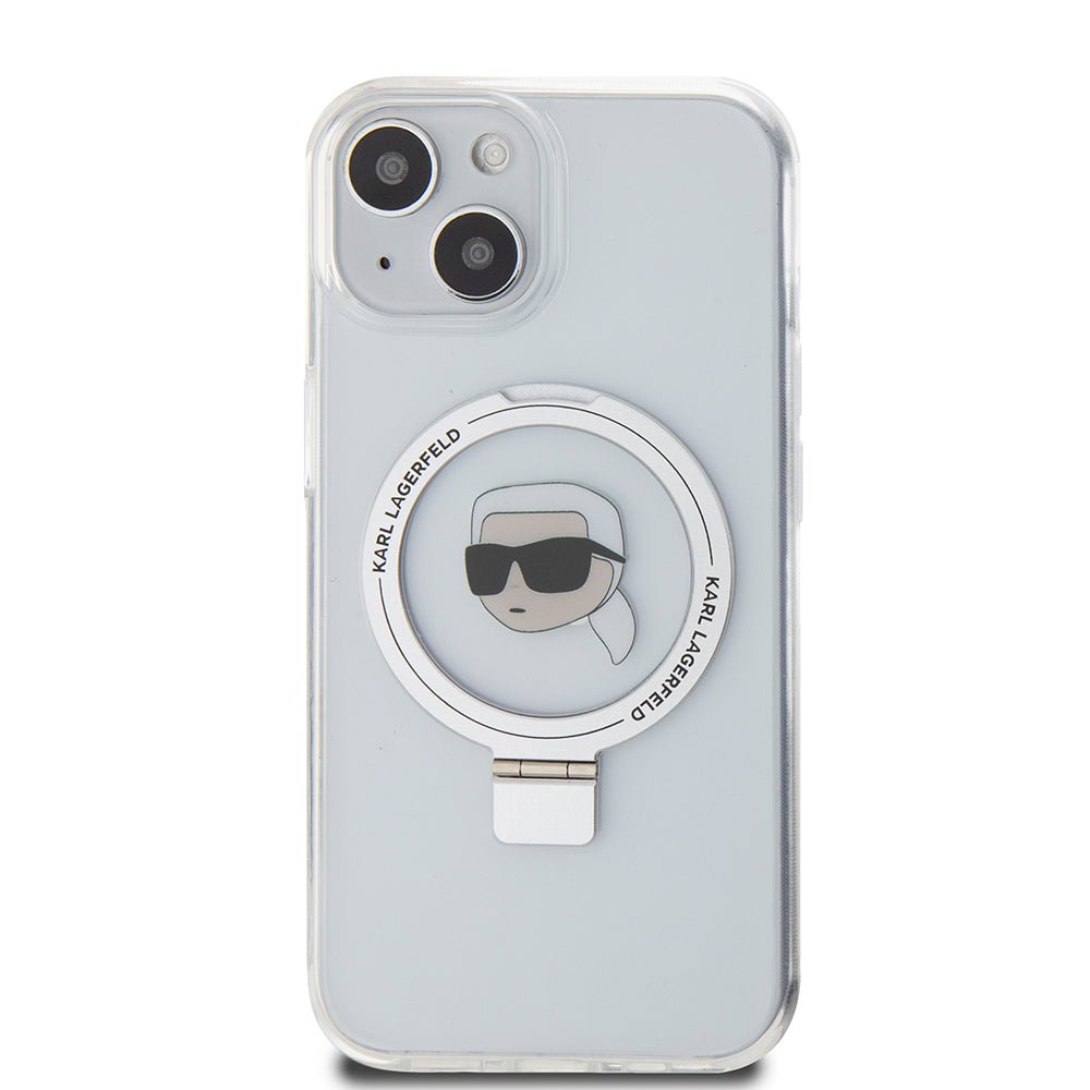 Puzdro MagSafe pre Apple iPhone 15, Karl Lagerfeld, Ring Stand Karl's Head, Biela