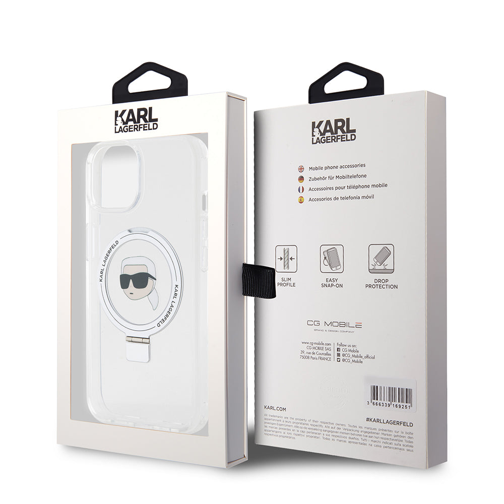 Puzdro MagSafe pre Apple iPhone 15, Karl Lagerfeld, Ring Stand Karl's Head, Biela