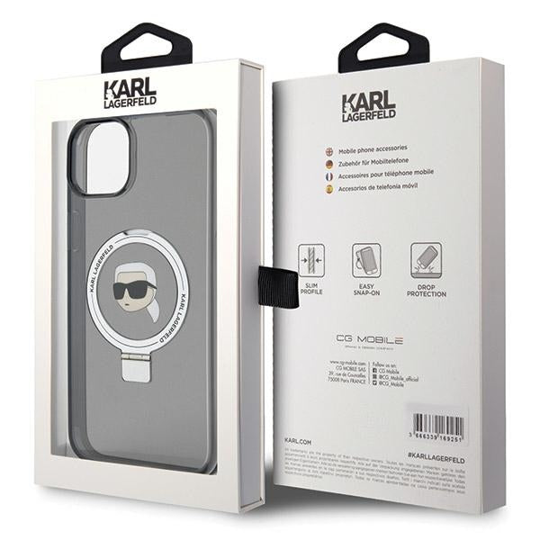Puzdro MagSafe pre Apple iPhone 15, Karl Lagerfeld, Ring Stand Karl's Head, Čierne