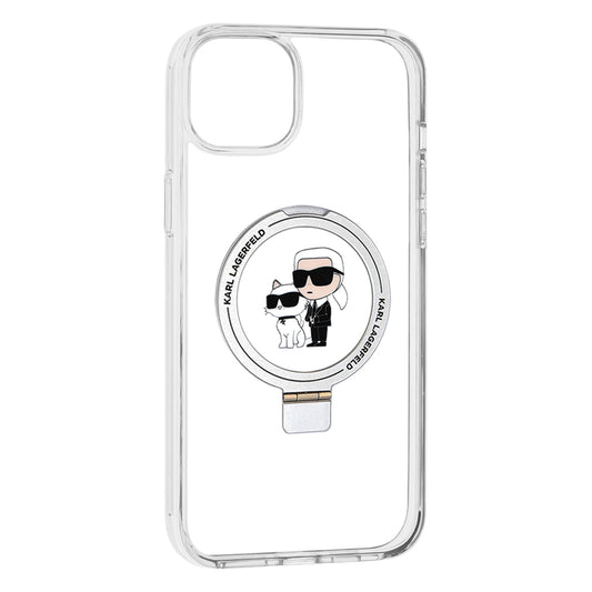 Puzdro MagSafe pre Apple iPhone 15 Plus, Karl Lagerfeld, Ringstand Karl and Choupette, Biela