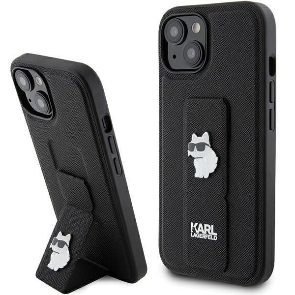 Puzdro MagSafe pre Apple iPhone 15, Karl Lagerfeld, Saffiano Gripstand Choupette, Čierne
