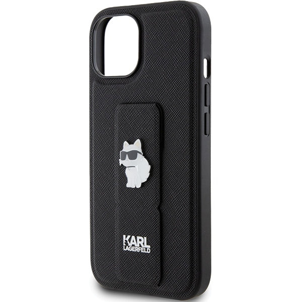 Puzdro MagSafe pre Apple iPhone 15, Karl Lagerfeld, Saffiano Gripstand Choupette, Čierne