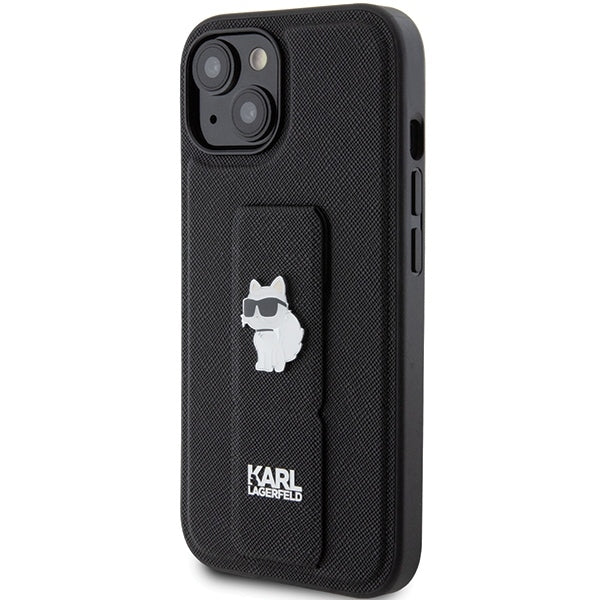 Puzdro MagSafe pre Apple iPhone 15, Karl Lagerfeld, Saffiano Gripstand Choupette, Čierne