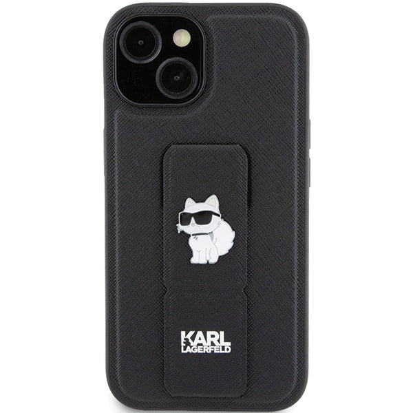 Puzdro MagSafe pre Apple iPhone 15, Karl Lagerfeld, Saffiano Gripstand Choupette, Čierne
