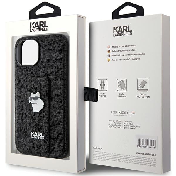 Puzdro MagSafe pre Apple iPhone 15, Karl Lagerfeld, Saffiano Gripstand Choupette, Čierne
