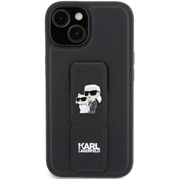Puzdro MagSafe pre Apple iPhone 15, Karl Lagerfeld, Saffiano Gripstand Karl & Choupette, Čierne