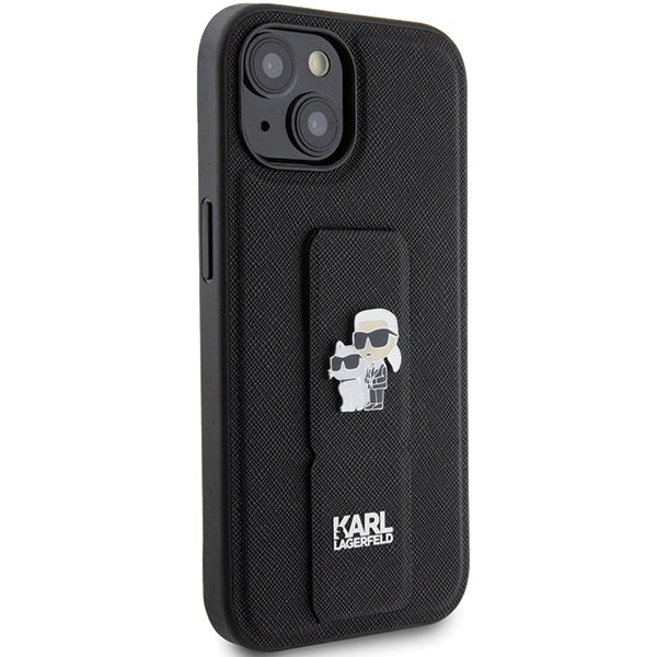Puzdro MagSafe pre Apple iPhone 15, Karl Lagerfeld, Saffiano Gripstand Karl & Choupette, Čierne