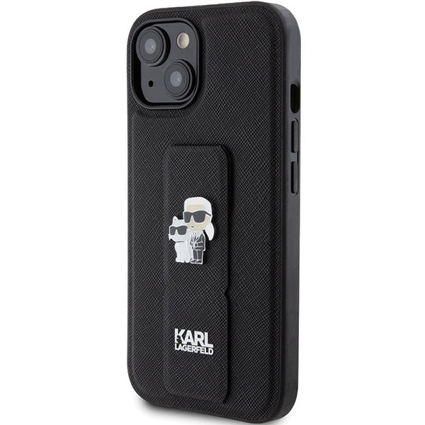 Puzdro MagSafe pre Apple iPhone 15, Karl Lagerfeld, Saffiano Gripstand Karl & Choupette, Čierne