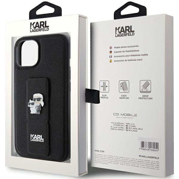 Puzdro MagSafe pre Apple iPhone 15, Karl Lagerfeld, Saffiano Gripstand Karl & Choupette, Čierne