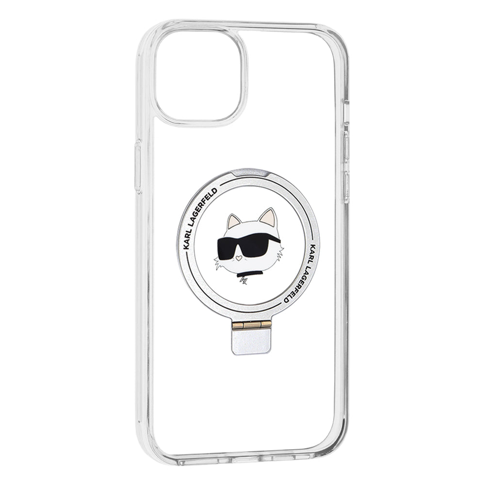Puzdro MagSafe pre Apple iPhone 15 Plus / 14 Plus, Karl Lagerfeld, Ring Stand Choupette's Head, Biela