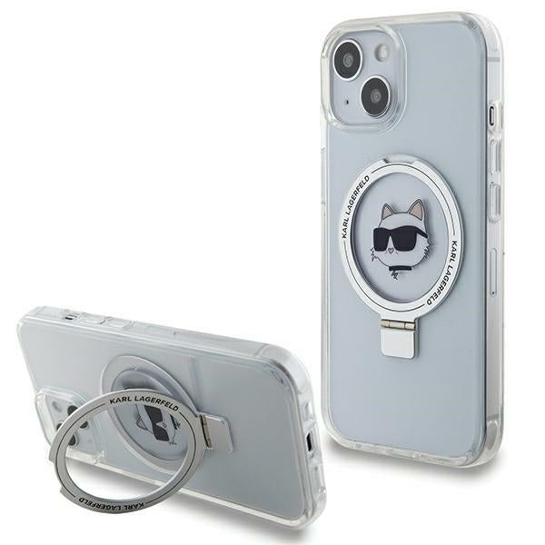 Puzdro MagSafe pre Apple iPhone 15 Plus / 14 Plus, Karl Lagerfeld, Ring Stand Choupette's Head, Biela