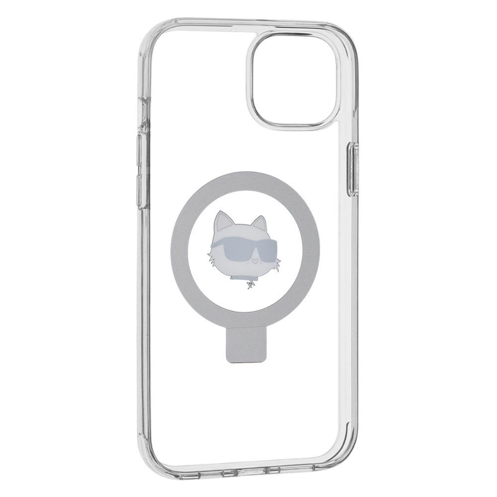 Puzdro MagSafe pre Apple iPhone 15 Plus / 14 Plus, Karl Lagerfeld, Ring Stand Choupette's Head, Biela