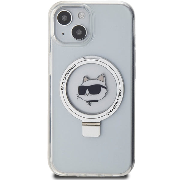 Puzdro MagSafe pre Apple iPhone 15 Plus / 14 Plus, Karl Lagerfeld, Ring Stand Choupette's Head, Biela