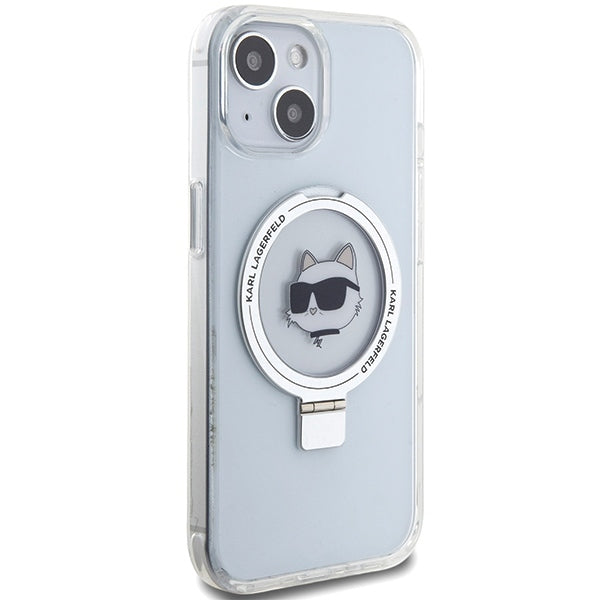 Puzdro MagSafe pre Apple iPhone 15 Plus / 14 Plus, Karl Lagerfeld, Ring Stand Choupette's Head, Biela
