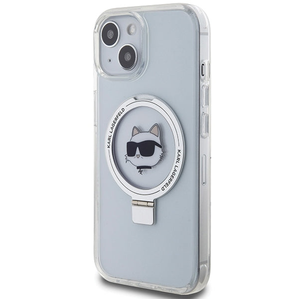 Puzdro MagSafe pre Apple iPhone 15 Plus / 14 Plus, Karl Lagerfeld, Ring Stand Choupette's Head, Biela