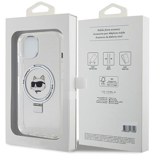 Puzdro MagSafe pre Apple iPhone 15 Plus / 14 Plus, Karl Lagerfeld, Ring Stand Choupette's Head, Biela