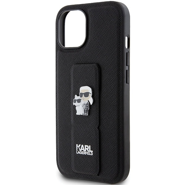 Puzdro MagSafe pre Apple iPhone 15 Plus / 14 Plus, Karl Lagerfeld, Saffiano Gripstand Karl & Choupette, Čierne