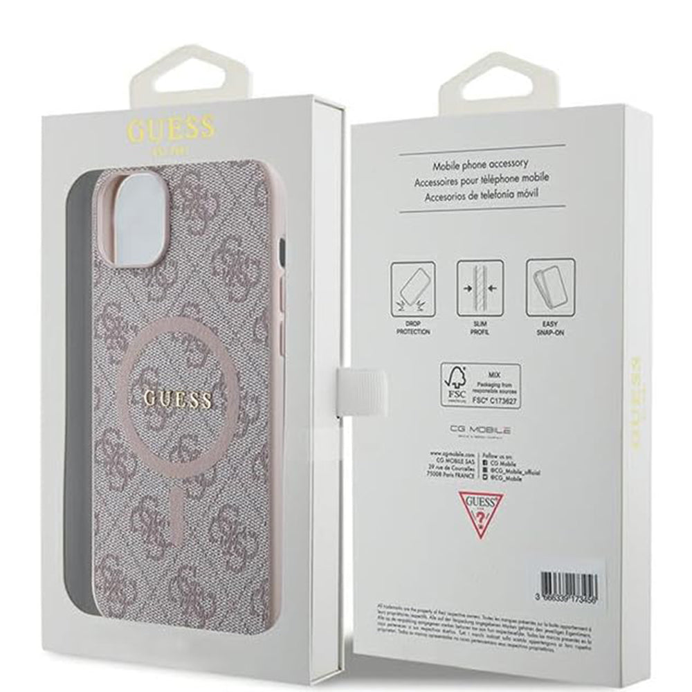 Puzdro MagSafe pre Apple iPhone 15 Plus, Guess, 4G Collection, Ružová