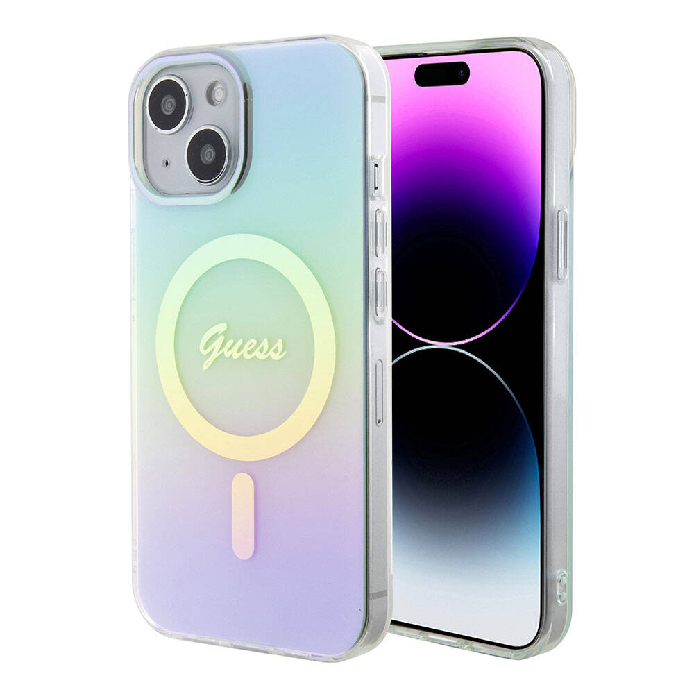 Puzdro MagSafe pre Apple iPhone 15 Plus, Guess, IML Iridescent, Tyrkysová