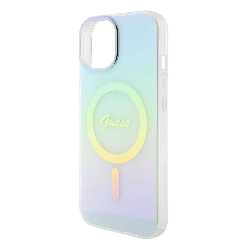 Puzdro MagSafe pre Apple iPhone 15 Plus, Guess, IML Iridescent, Tyrkysová