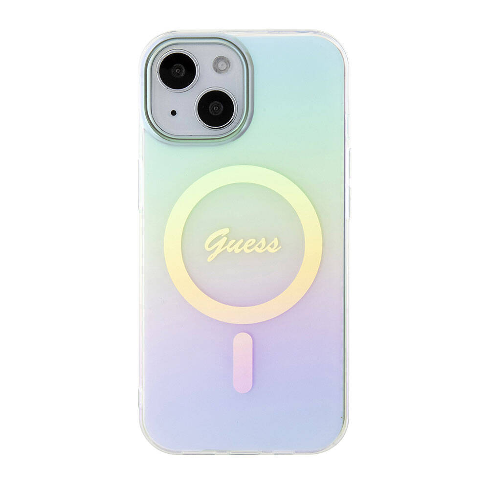 Puzdro MagSafe pre Apple iPhone 15 Plus, Guess, IML Iridescent, Tyrkysová