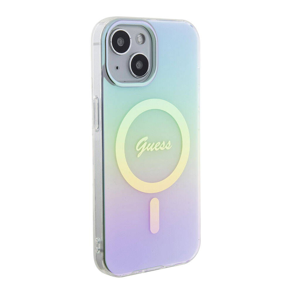 Puzdro MagSafe pre Apple iPhone 15 Plus, Guess, IML Iridescent, Tyrkysová