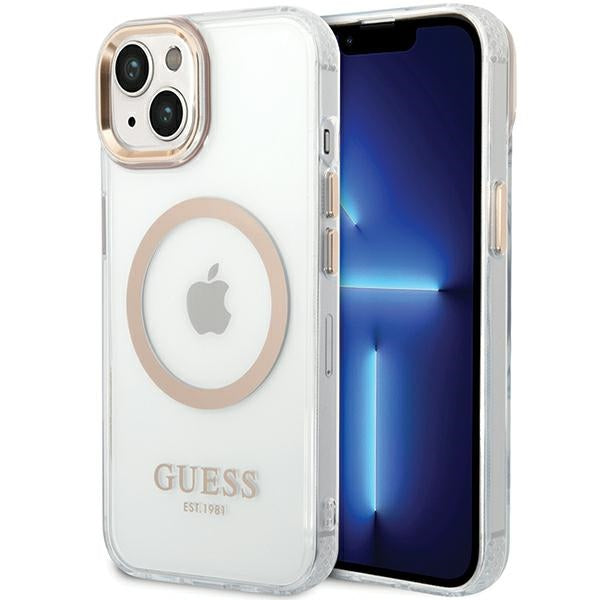 Puzdro MagSafe pre Apple iPhone 15 Plus, Guess, Metal Outline, Zlaté