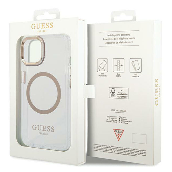Puzdro MagSafe pre Apple iPhone 15 Plus, Guess, Metal Outline, Zlaté